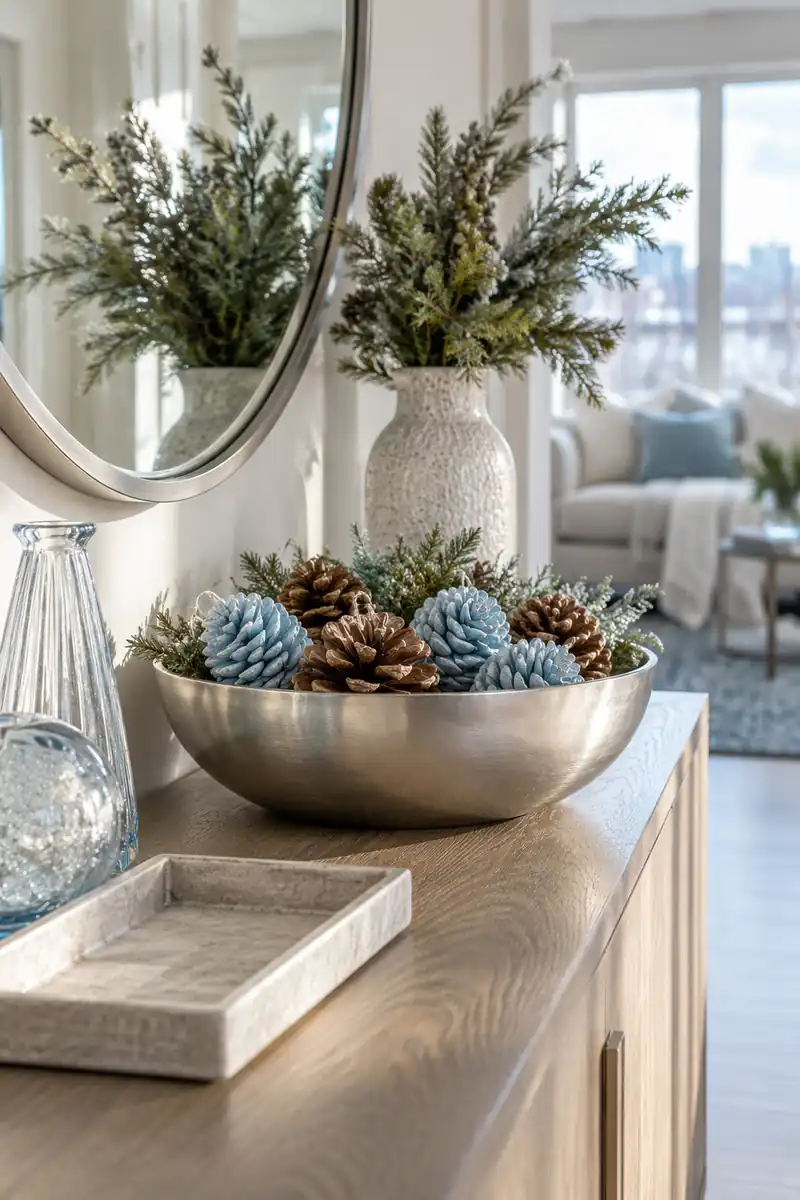 A shallow brushed silver bowl holding pale blue painted wooden pinecone ornaments and natural brown pinecones on an apartment entry console with empty key tray.