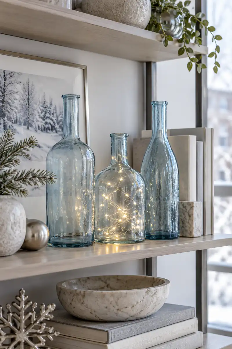 Three pale blue glass bottles on a shelf, with small lights glowing inside one.