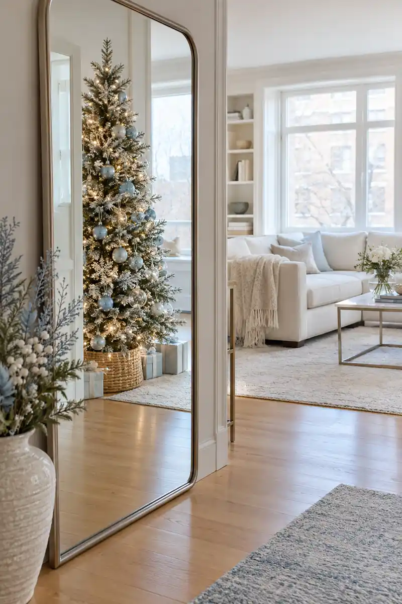 An existing tall wall mirror reflecting a slender Christmas tree with pale blue and silver ornaments in a bright small apartment, mirror itself undecorated, clear walkway.