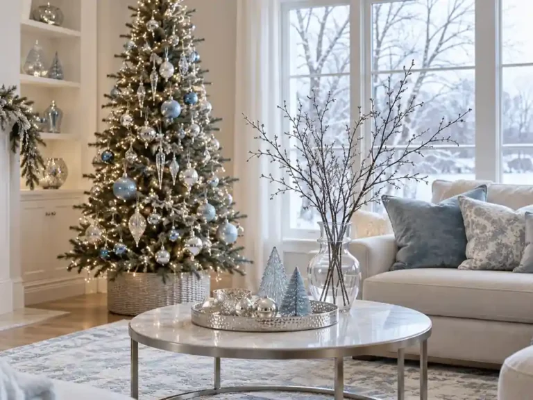 Bright apartment with an icy blue and silver Christmas tree and glass winter accents.