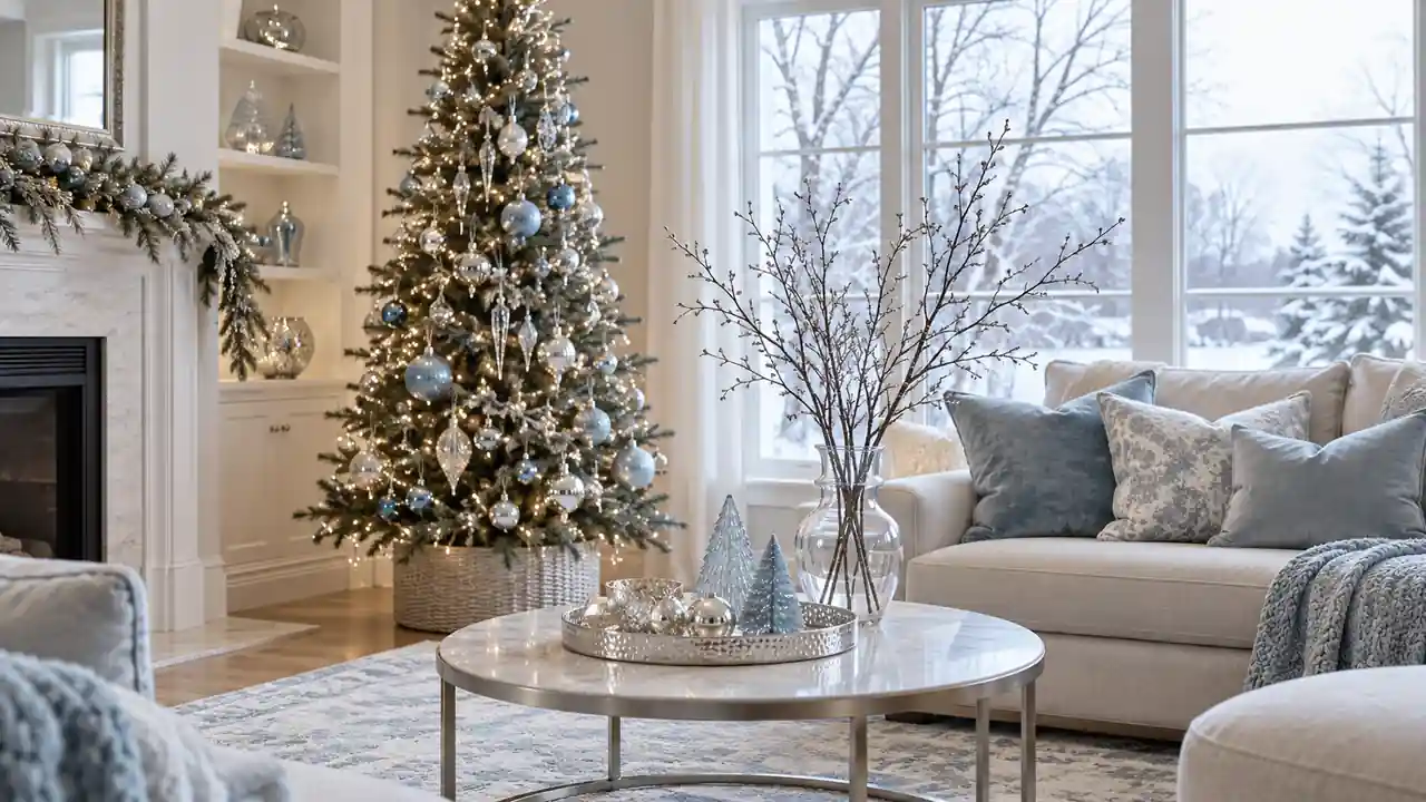 Bright apartment with an icy blue and silver Christmas tree and glass winter accents.