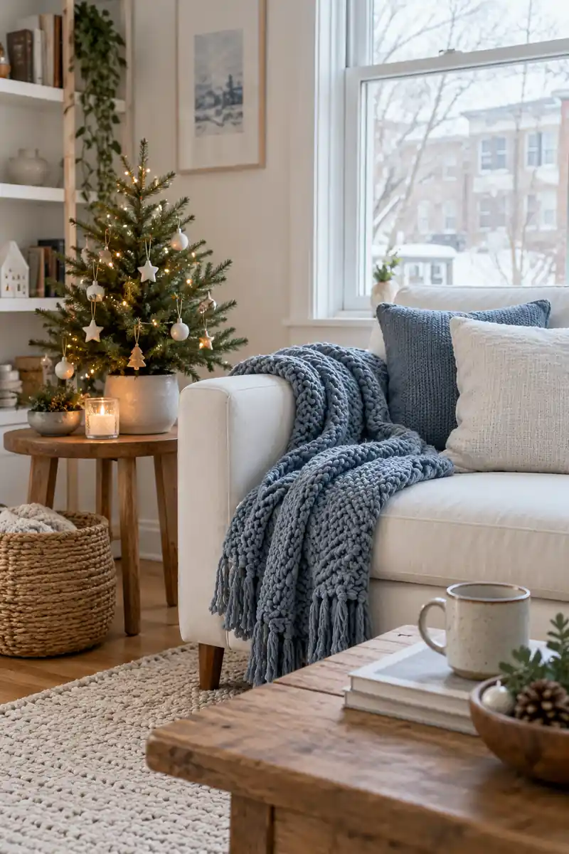White sofa with a dusty blue knitted throw and a little Christmas tree nearby.