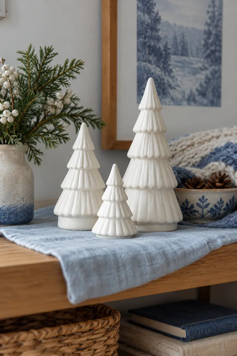 Three matte white ceramic trees on pale blue linen on a wooden shelf.