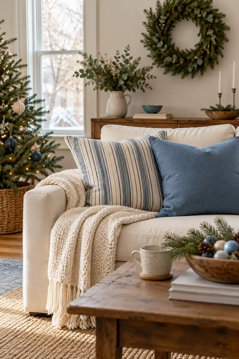 Blue and white striped cushion beside a solid blue cushion on a cream sofa.