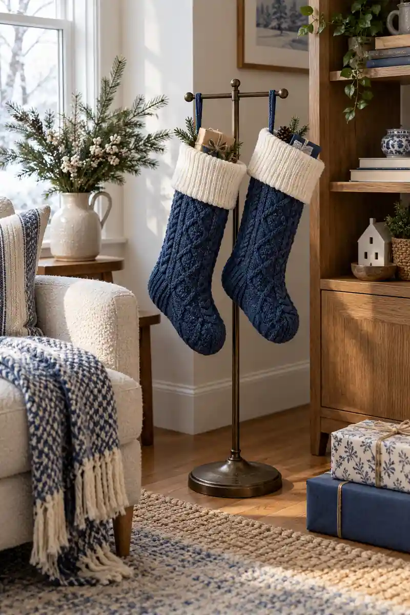 Two blue knitted stockings with white cuffs on a freestanding stand.