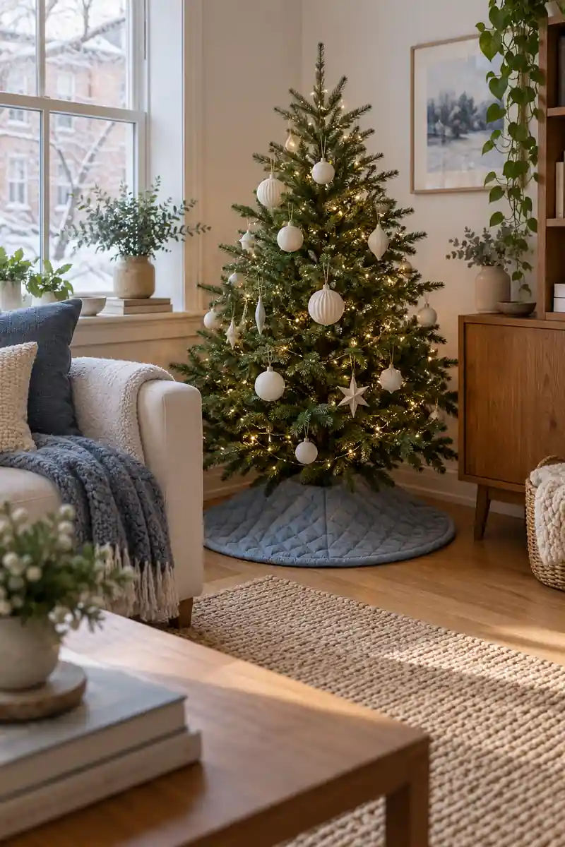Blue quilted tree skirt beneath a compact green tree with matte white ornaments.