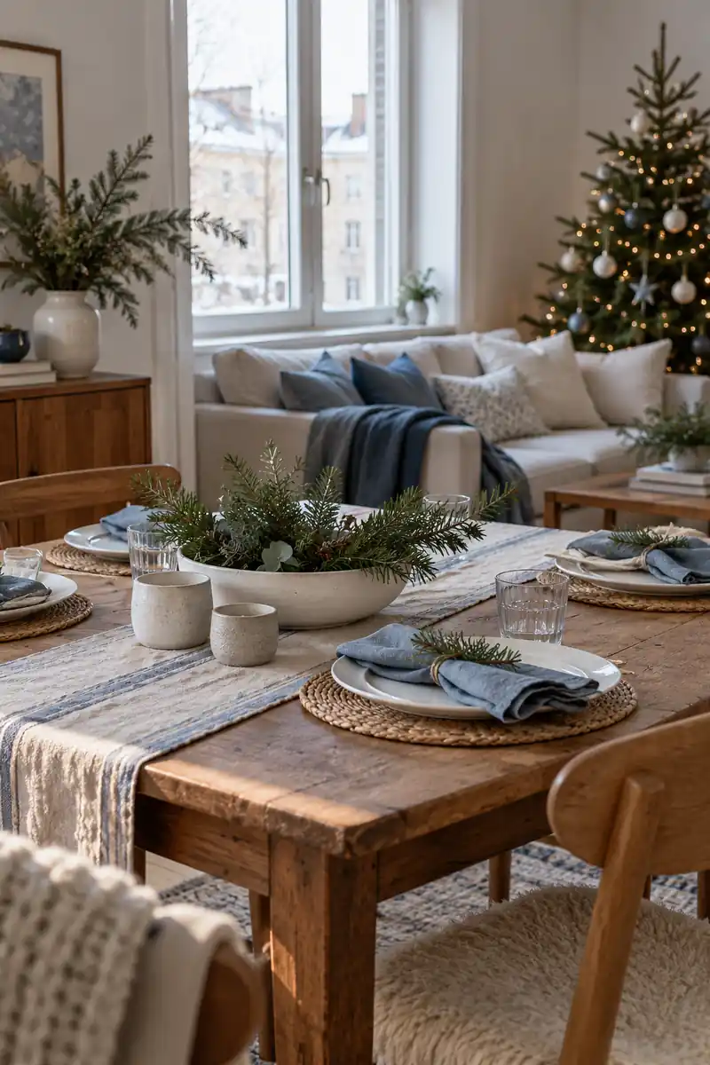 Dusty blue linen napkins on white plates with a low white bowl of greenery.