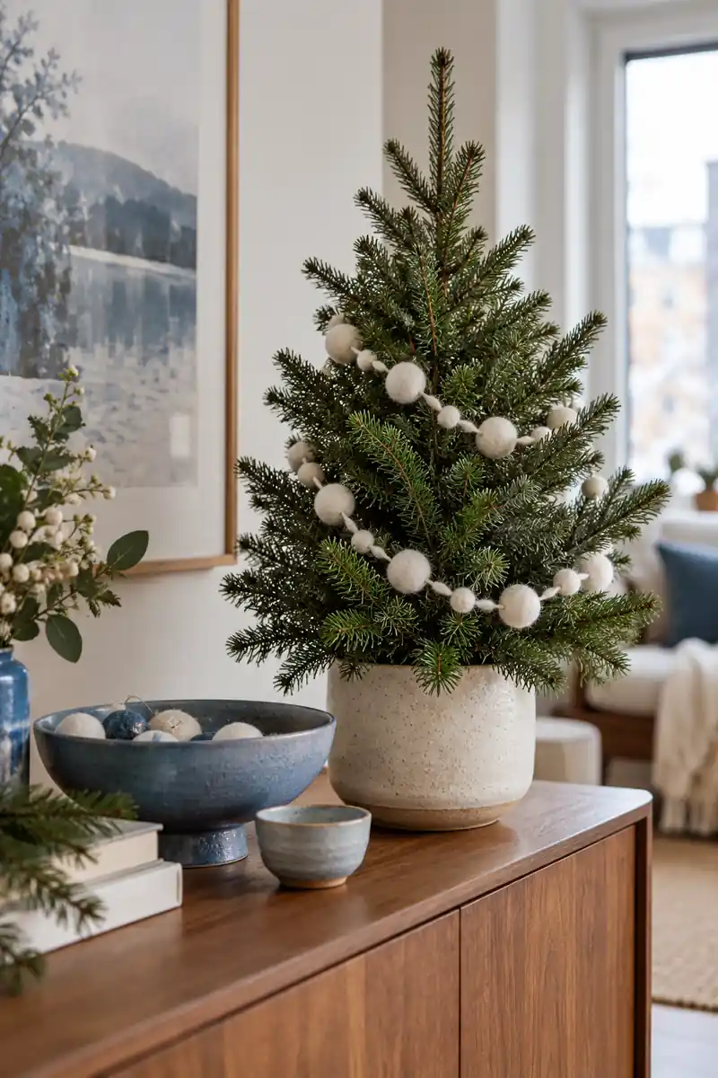 Small green tabletop tree with white felt ball garland and a blue bowl nearby.