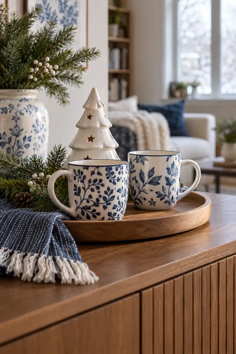 Blue and white mugs with a small ceramic Christmas tree on a sideboard tray.
