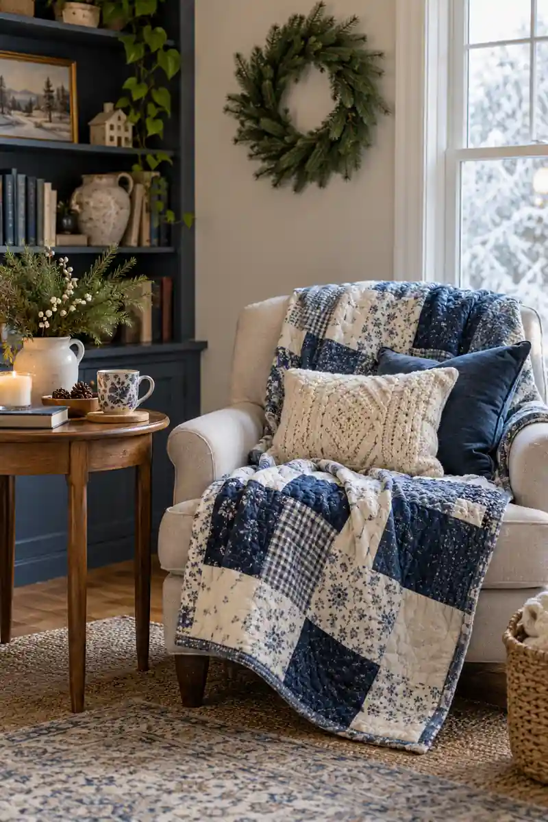 Reading chair with a blue and white patchwork quilt and a simple evergreen wreath.