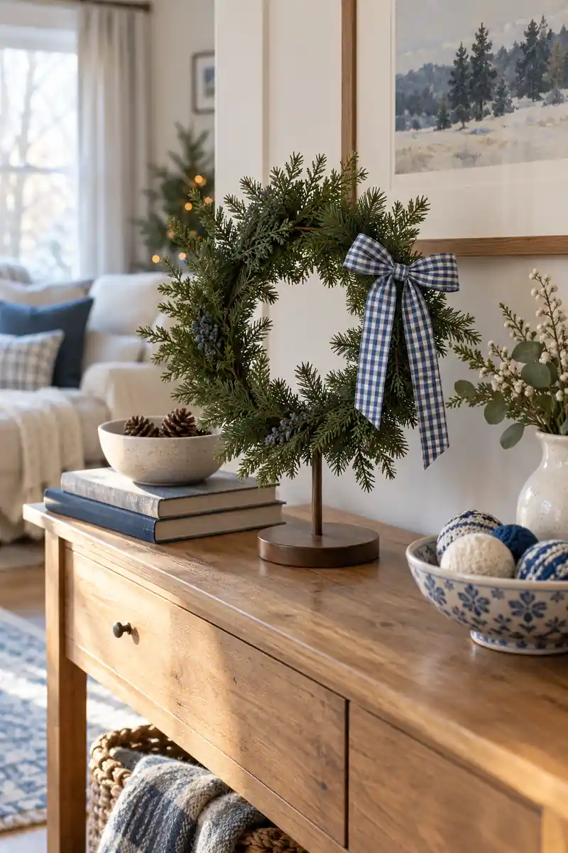 Evergreen wreath on a tabletop stand with a blue and white gingham bow.