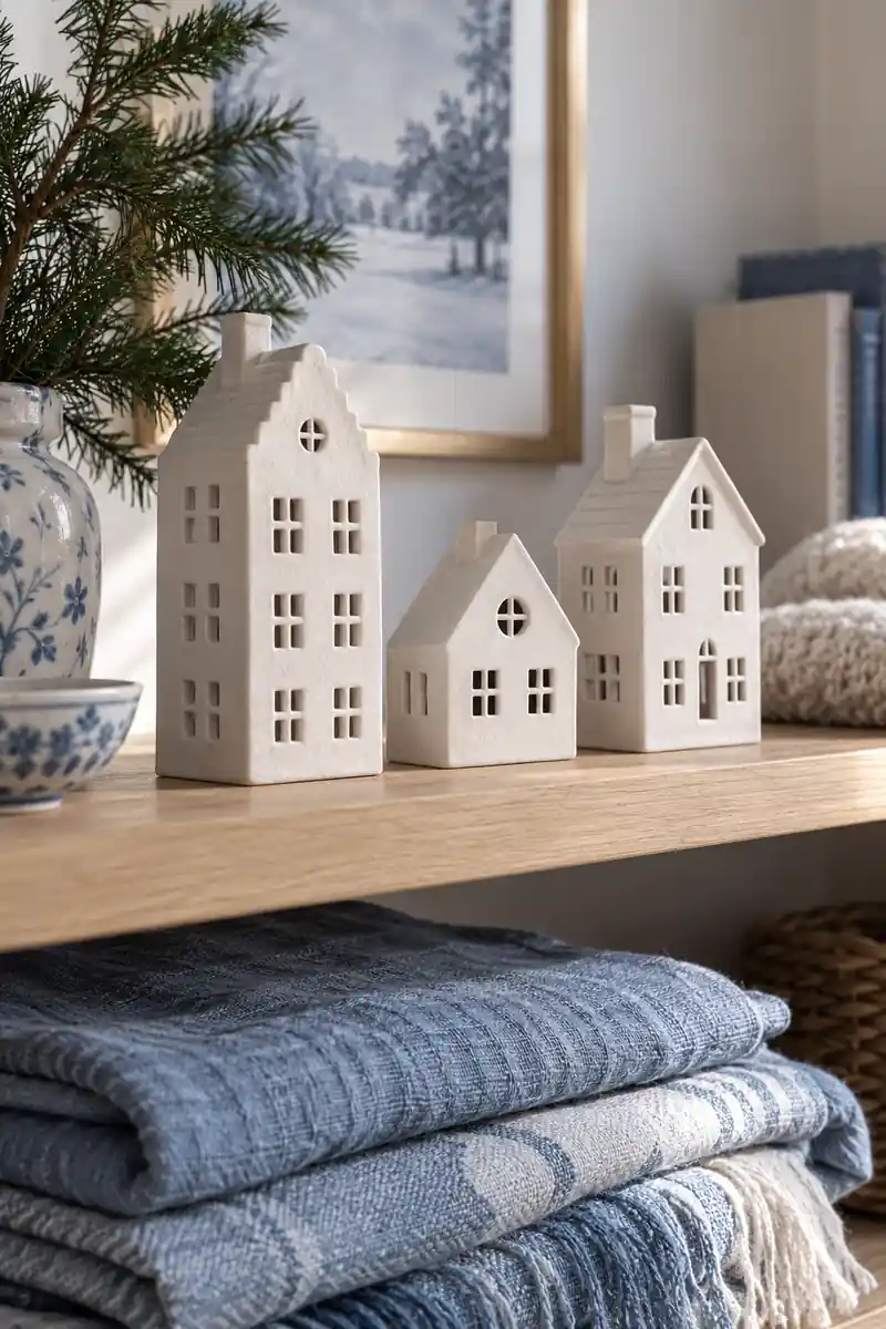 Three white ceramic Christmas houses on a wood shelf with blue linens below.