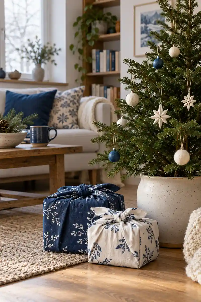 Two Christmas gifts wrapped in blue and white cotton fabric with neat knots.