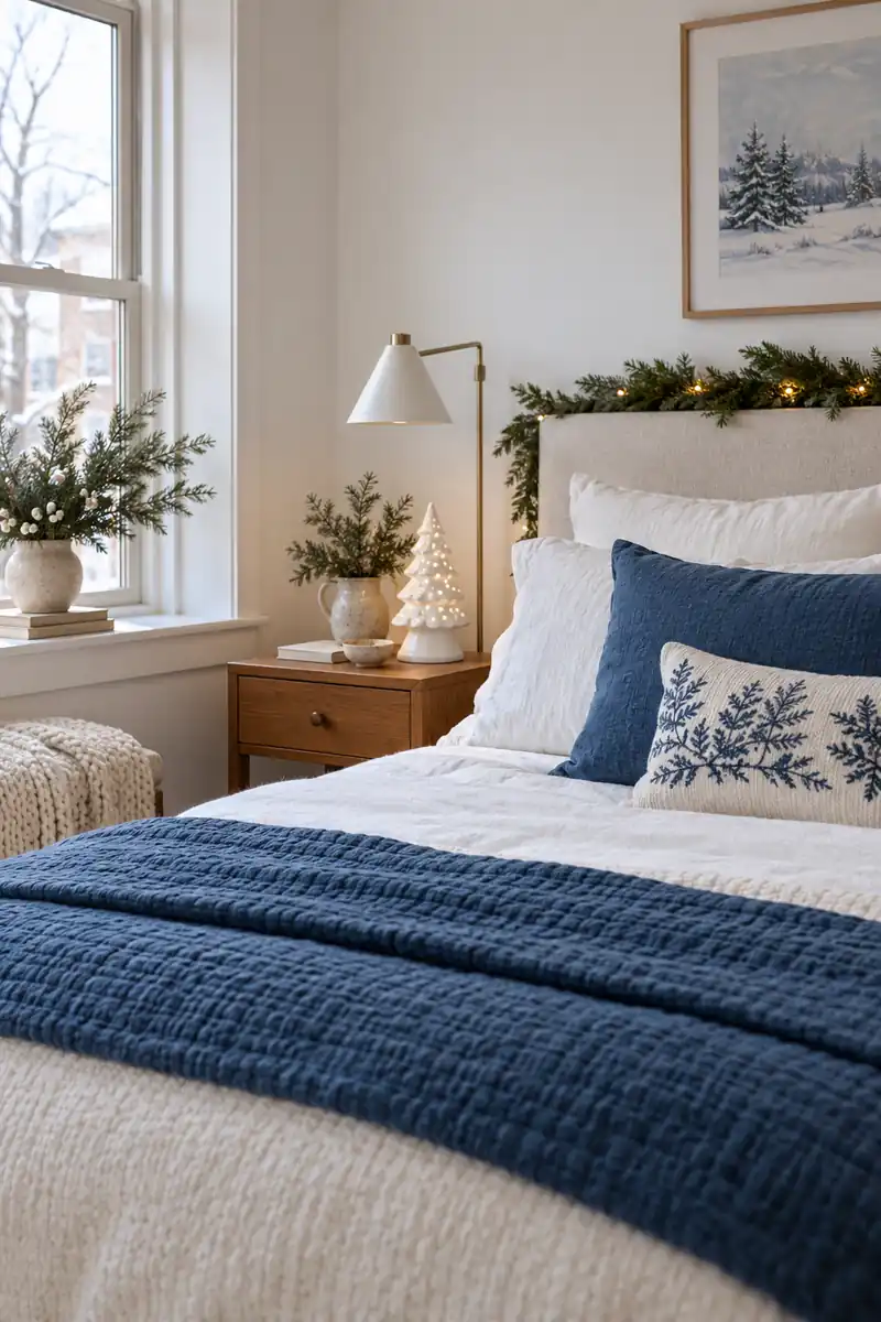 White bedding with a blue coverlet and a small ceramic Christmas tree beside the bed.