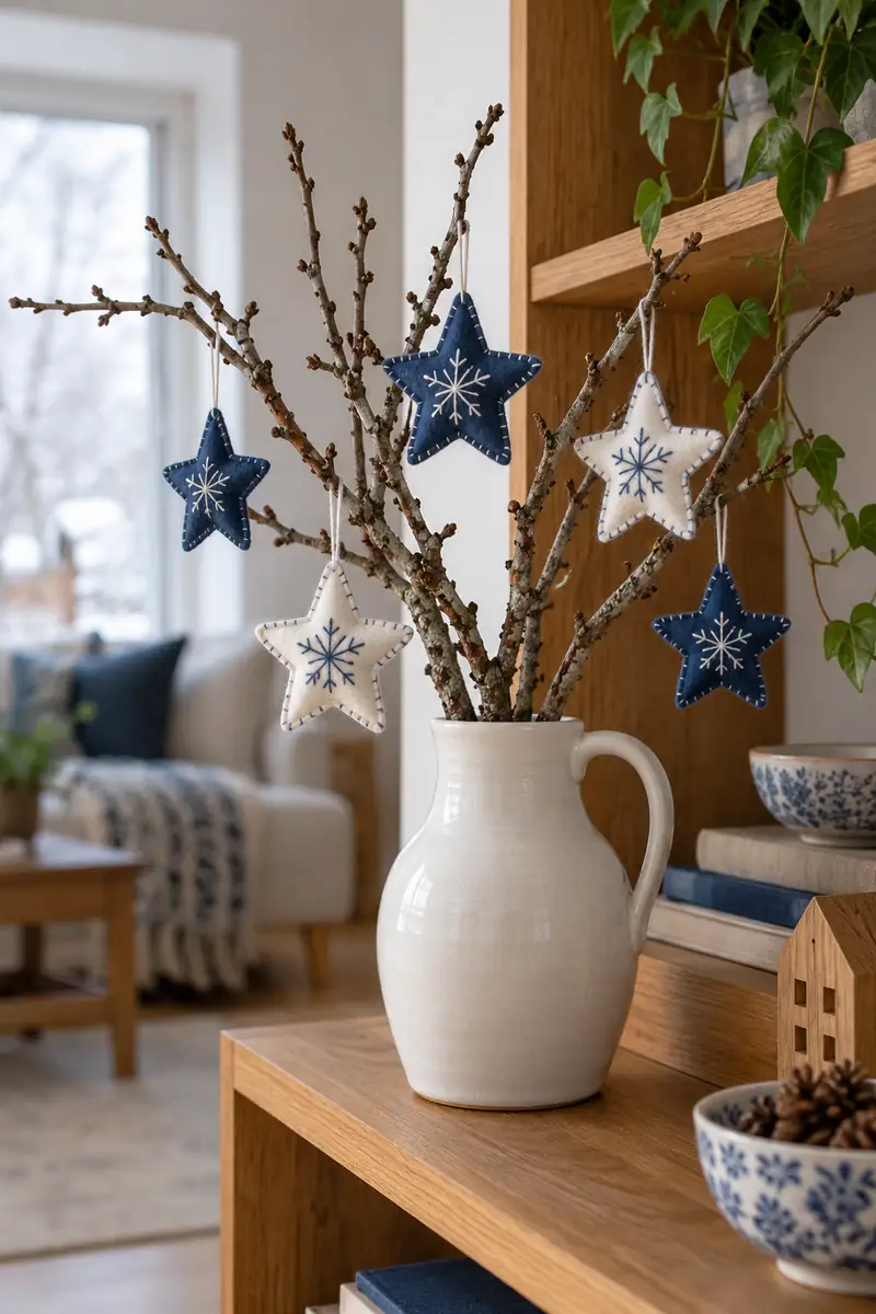 Branches in a white ceramic jug hung with blue and white felt star ornaments.