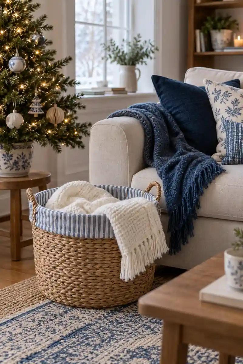 Woven blanket basket with a blue and white cotton liner beside a sofa.