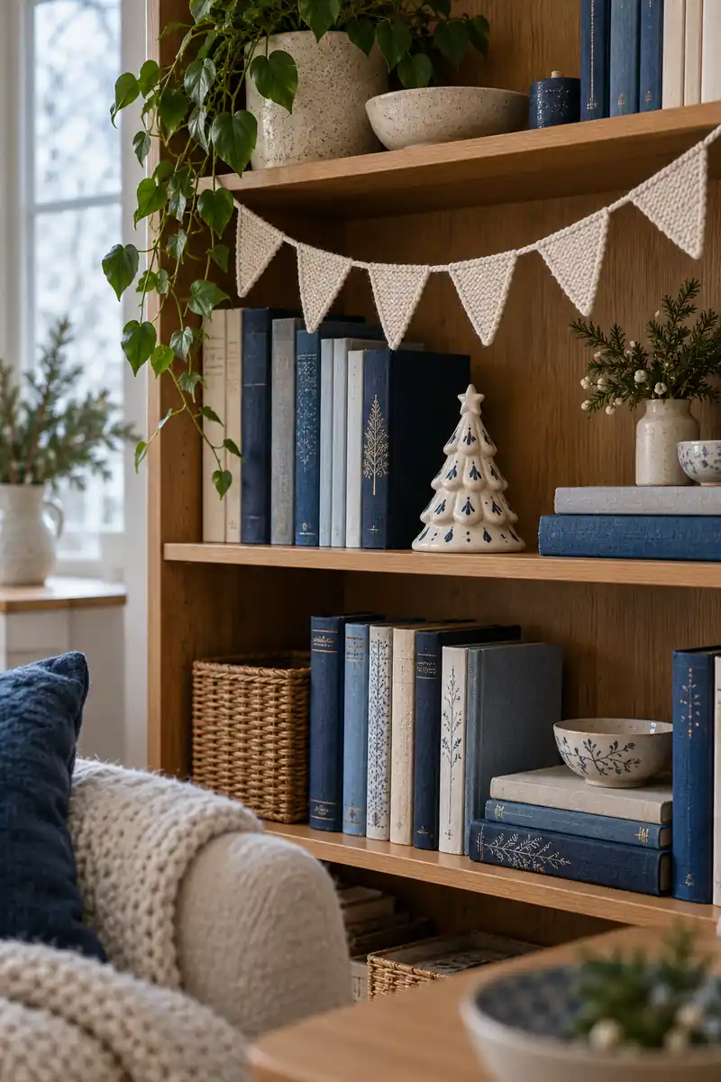 Short white knitted bunting on a bookshelf with blue books and a ceramic tree.