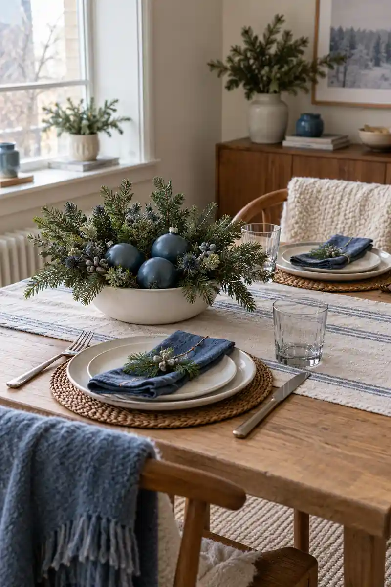 Low white pottery bowl with evergreen sprigs and dusty blue ornaments on a dining table.