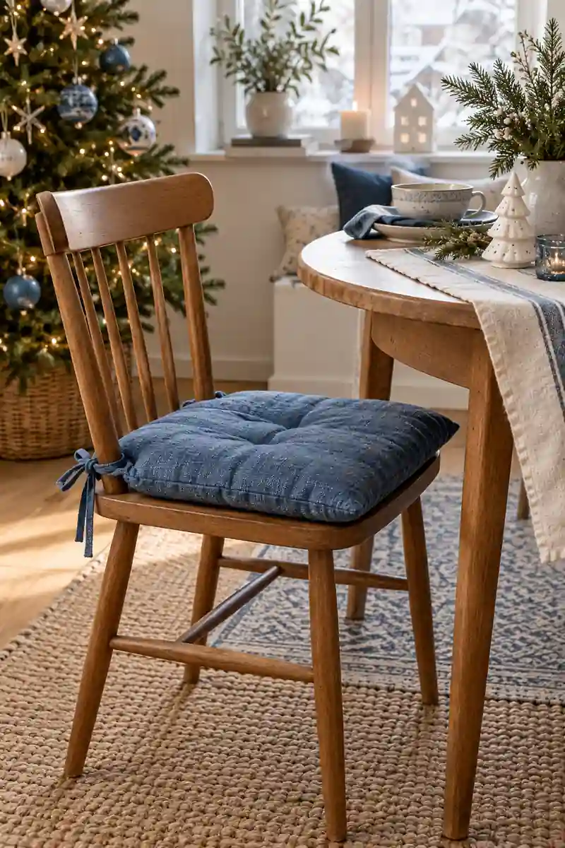 Blue fabric seat cushion on a wooden dining chair beside a small Christmas table.