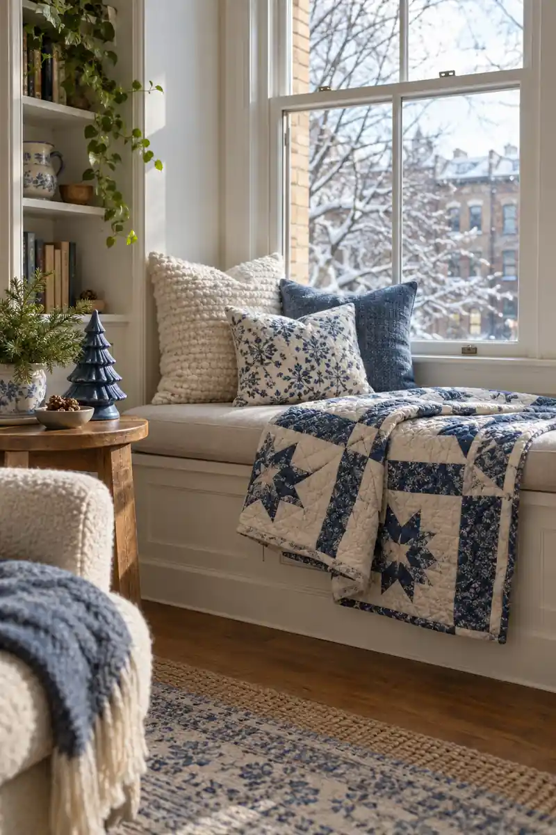 Window bench with a blue and white quilt, white cushions, and a small ceramic tree nearby.