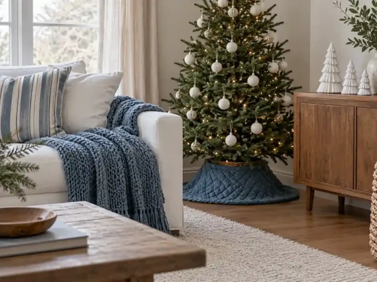 Cozy apartment with blue textiles, white ceramic Christmas trees, and warm wooden furniture.