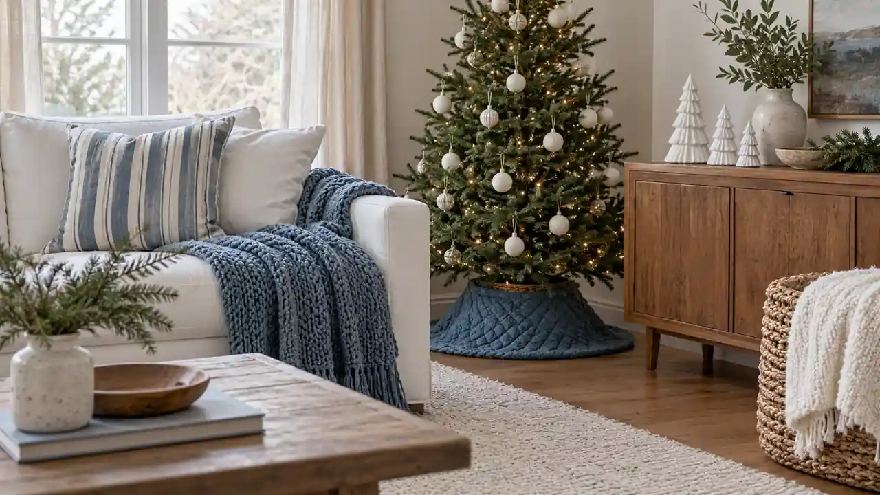 Cozy apartment with blue textiles, white ceramic Christmas trees, and warm wooden furniture.