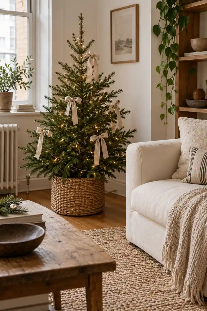 Small christmas tree with sparse oatmeal linen ribbon ties beside a cream sofa