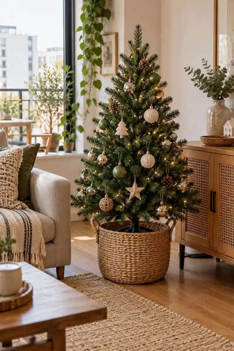 Compact artificial christmas tree with visible secure stand inside a wide woven basket