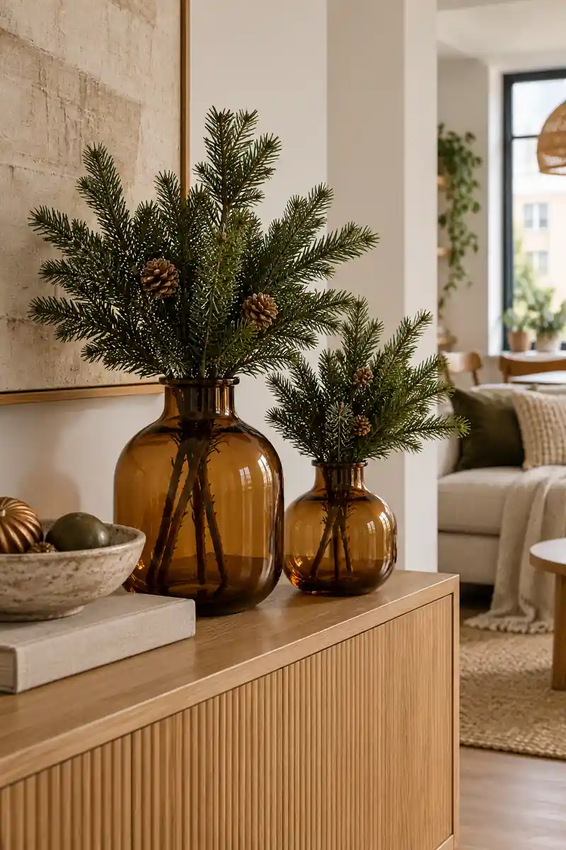 Two amber glass vases with short faux evergreen stems on an oak sideboard
