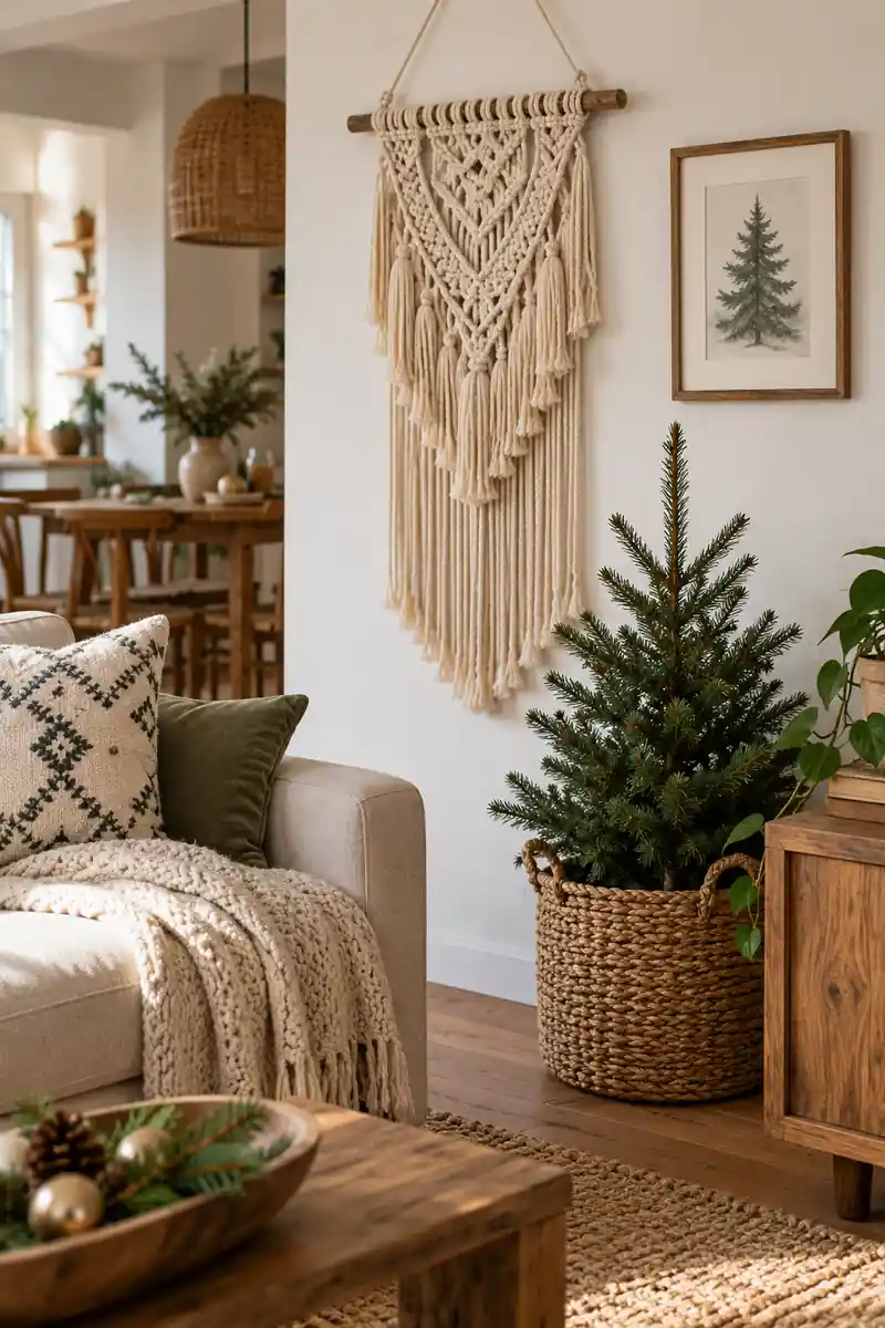 Cream macrame wall hanging beside small framed evergreen sketch in boho apartment
