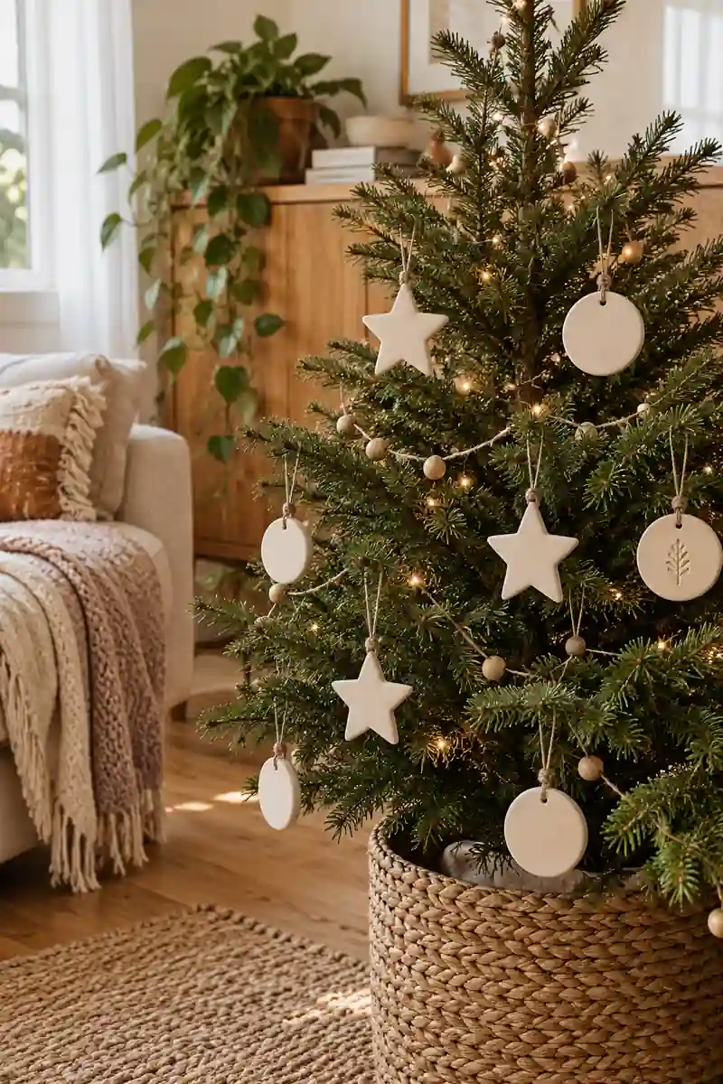 Close view of small christmas tree with matte cream clay star and circle ornaments