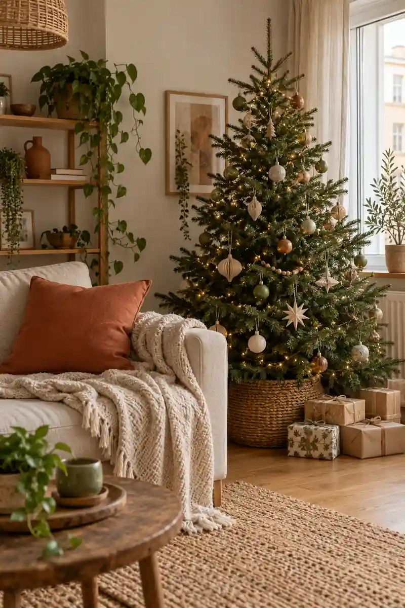 Boho apartment christmas corner with terracotta cushion, oatmeal throw and muted green tree