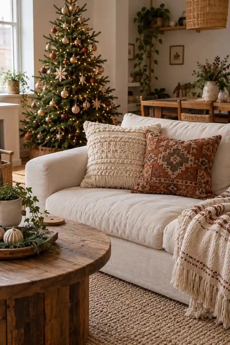 Boho cream sofa with one textured ivory cushion and one muted rust patterned cushion