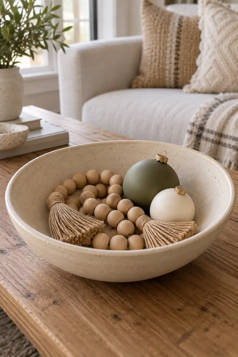Shallow ceramic bowl containing wooden bead strand and two plain christmas ornaments