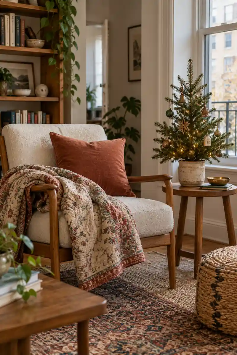 Reading chair with folded faded cotton quilt and tiny christmas tree on nearby side table