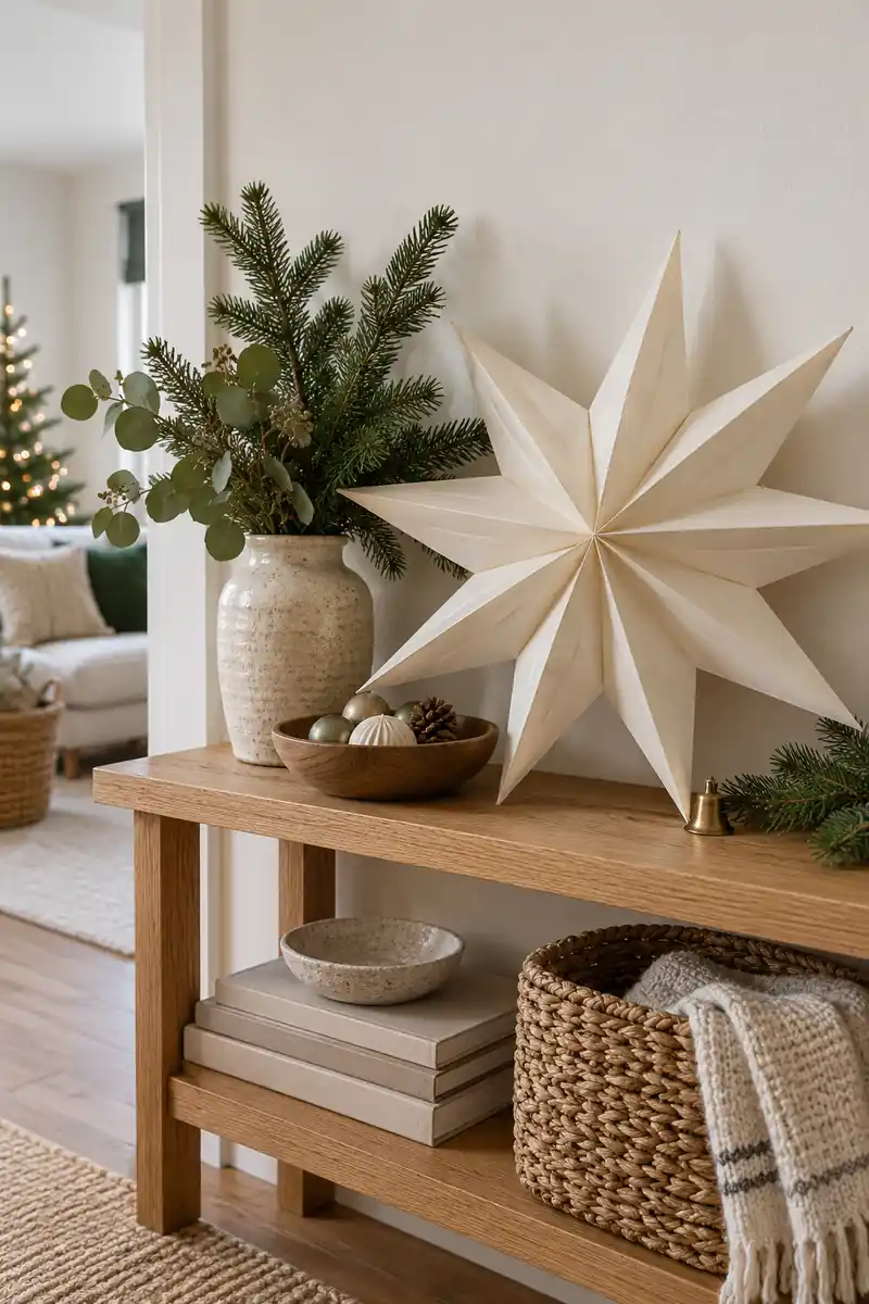 Folded ivory paper christmas star leaning on oak shelf against plain wall