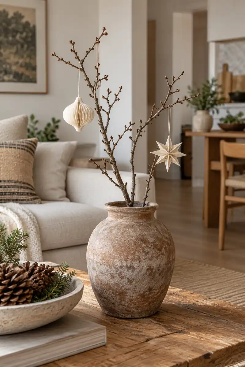 Short bare decorative branch in heavy clay vase with two lightweight cream ornaments