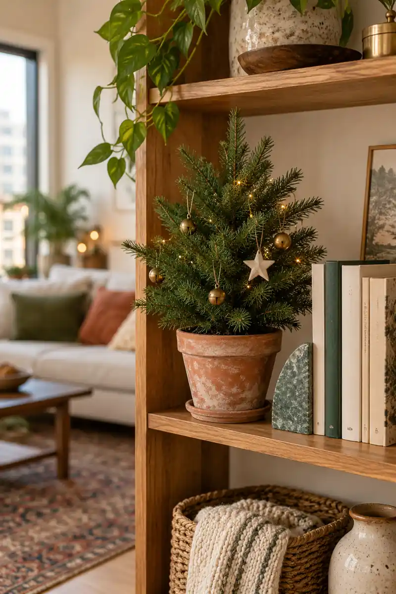 Small faux evergreen in terracotta pot beside books on warm wooden apartment shelf