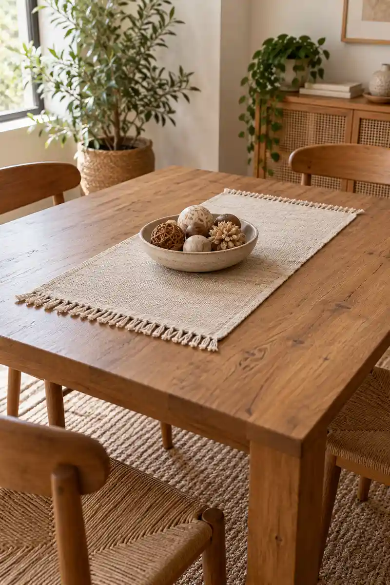 Small dining table with short oatmeal fringed runner and low ceramic christmas ornament bowl