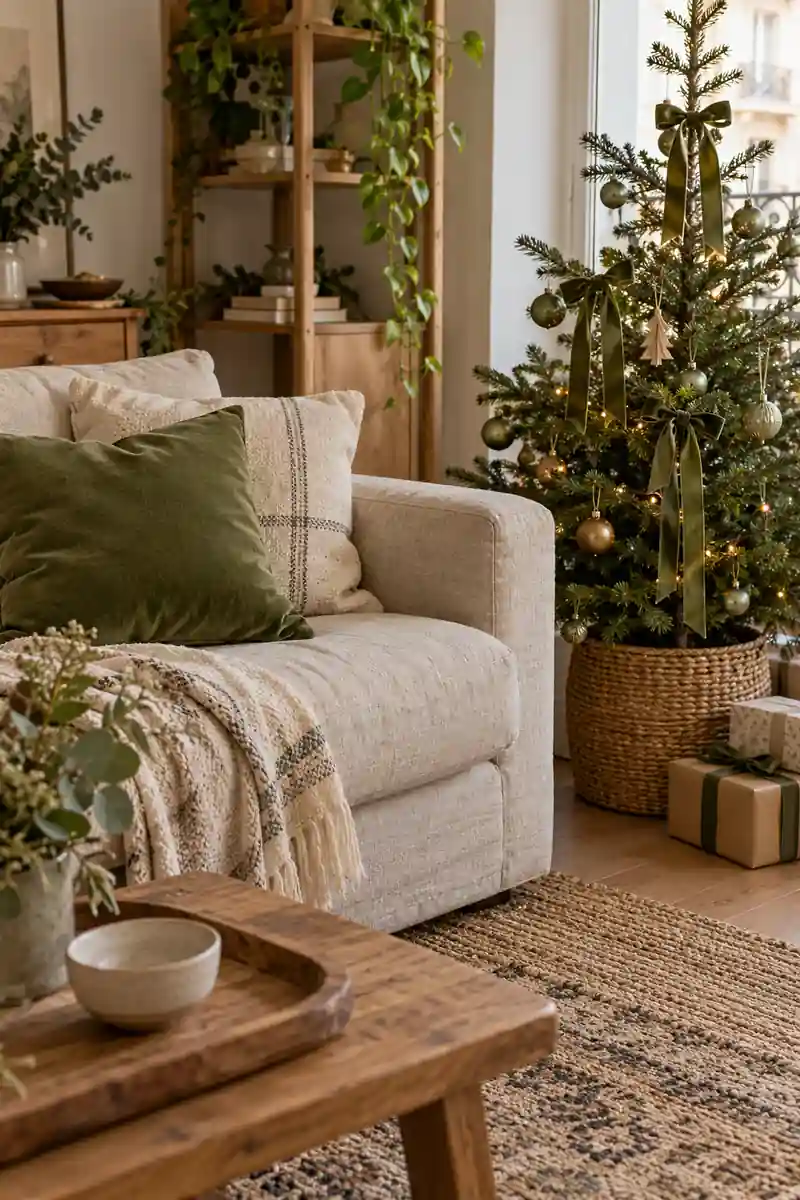 Boho apartment christmas sofa corner with olive cushion and olive ribbon on small nearby tree