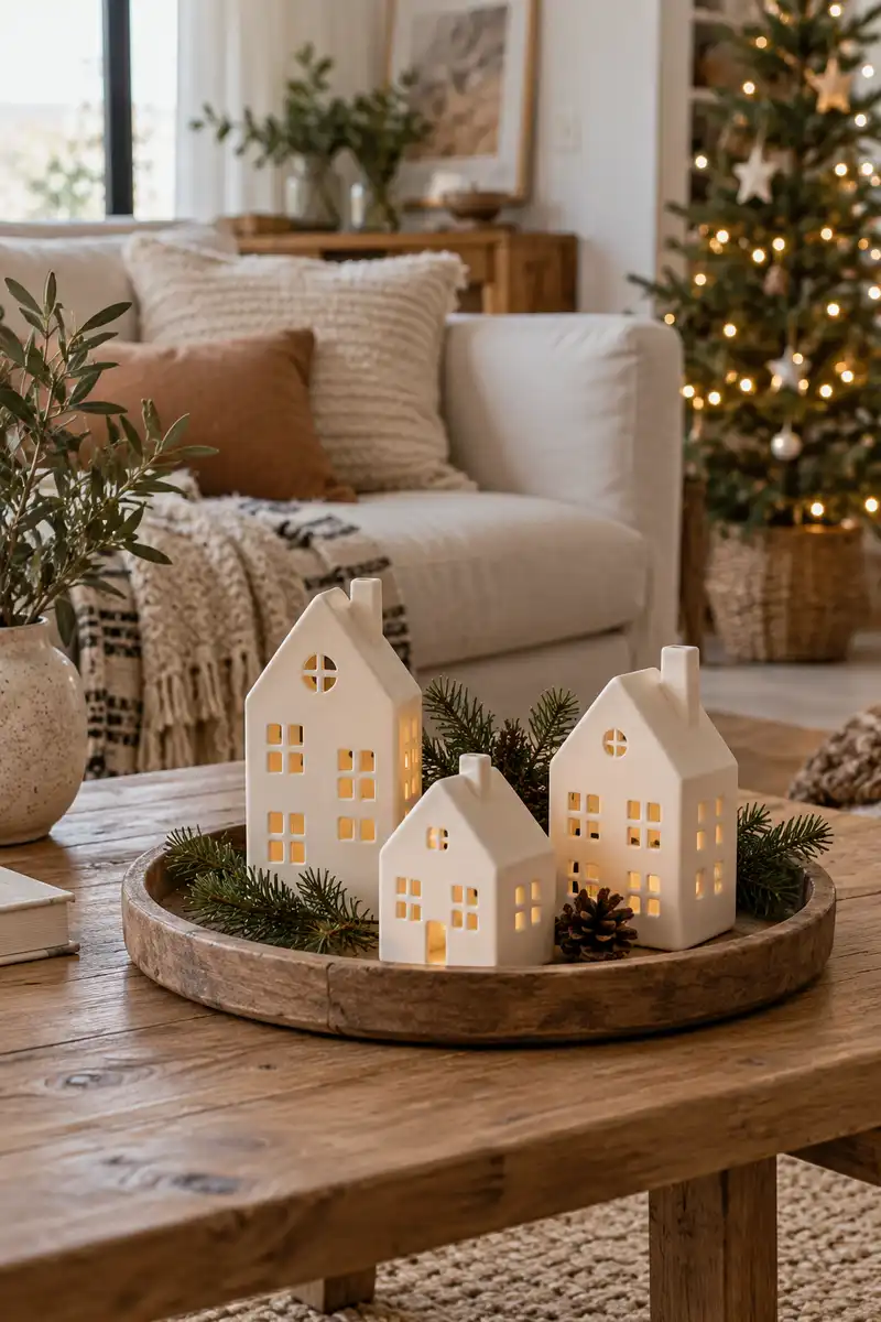 Three matte cream ceramic christmas houses spaced on a shallow wood tray