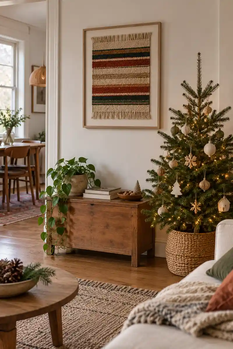 Small woven striped textile framed on wall above a modest wooden christmas tree