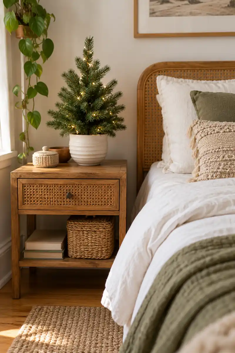 Boho bedside table with small faux evergreen in cream ceramic pot beside plain bed