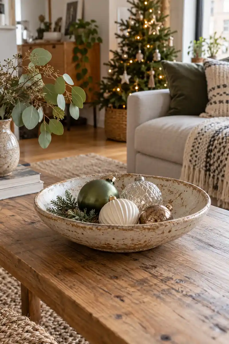 Handmade pottery dish holding a few varied muted christmas ornaments with ample space