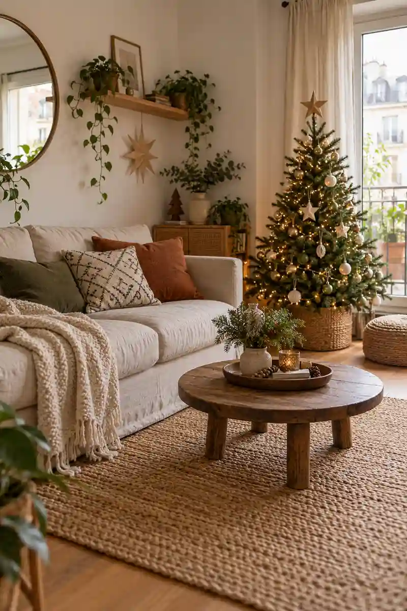 Boho apartment christmas seating area with natural fiber rug, plain sofa and small decorated tree