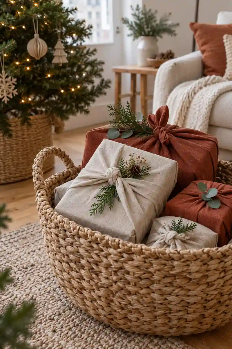 Few christmas gifts wrapped in oatmeal and rust linen cloth in a woven basket