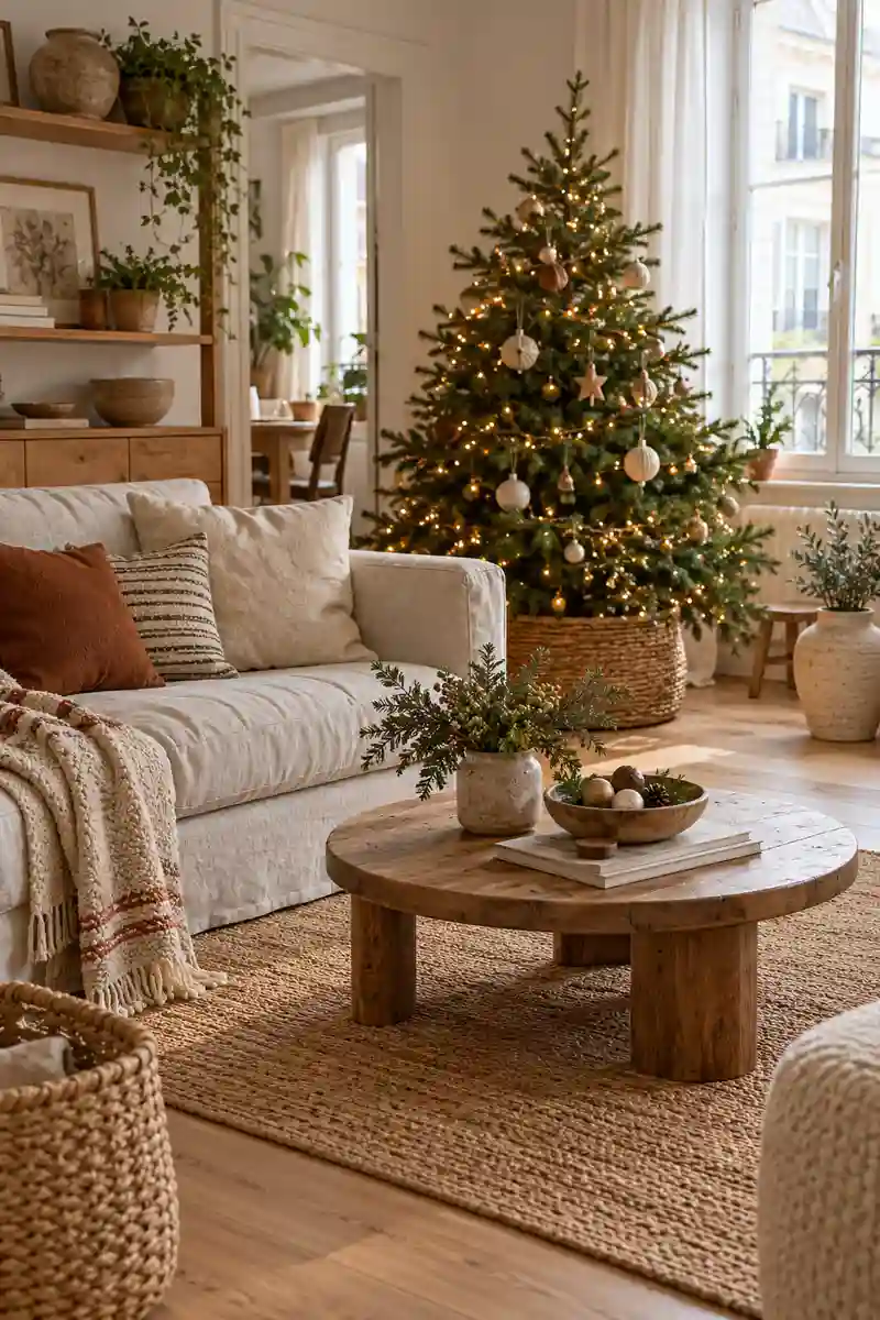 Edited boho apartment christmas interior with linen, pottery, woven basket and clear surfaces