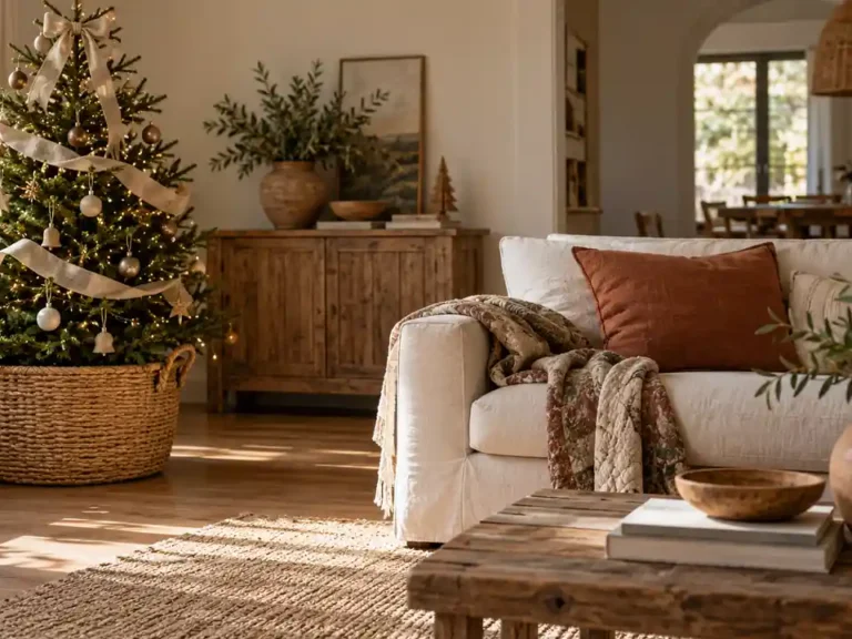 Boho apartment Christmas corner with linen, woven basket, soft quilt and small tree