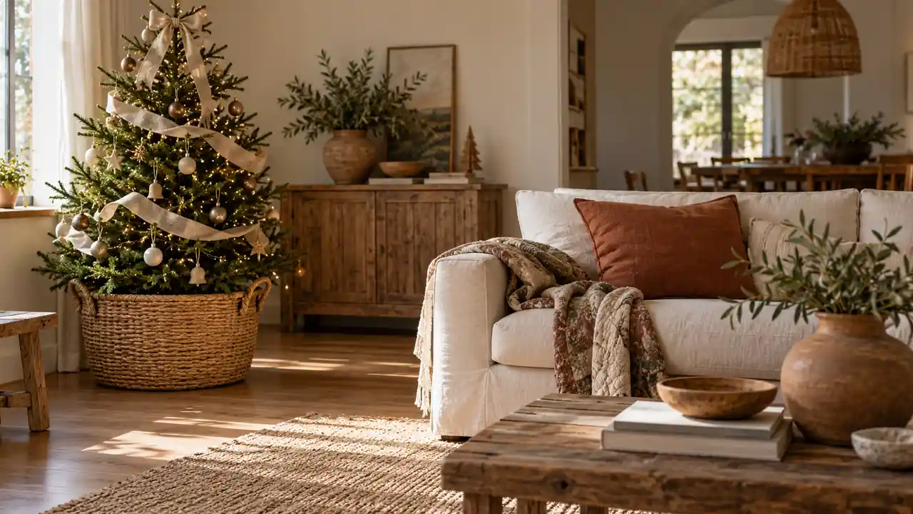 Boho apartment Christmas corner with linen, woven basket, soft quilt and small tree