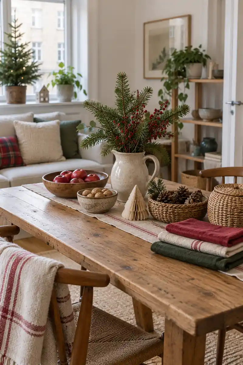 Apartment table with a thoughtful selection of existing pottery baskets and folded textiles for christmas styling